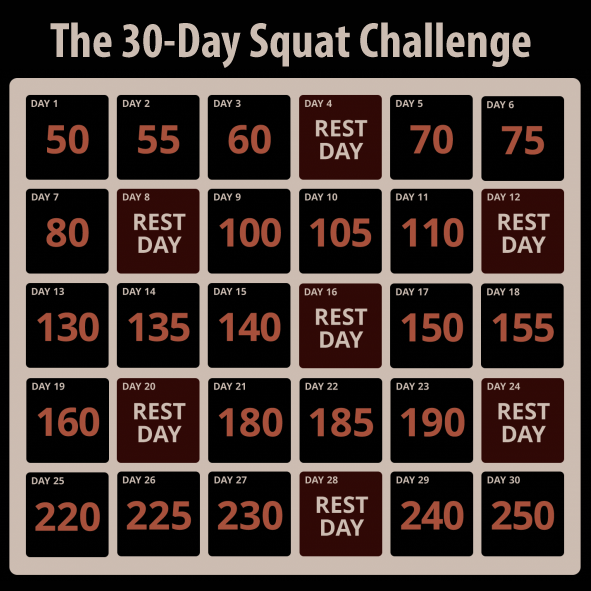 The 30 day squat challenge calendar