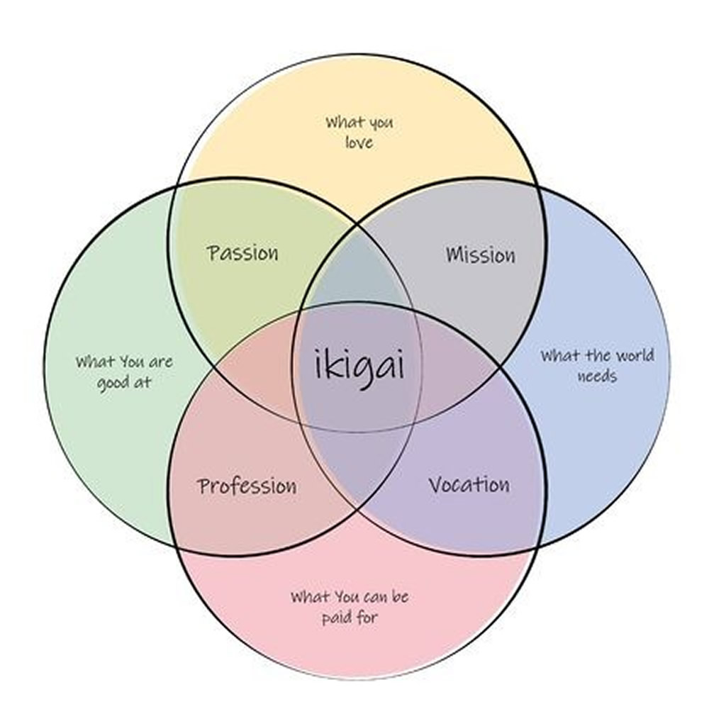 Ikigai is achieved when all areas overlap in the center for well-balanced.